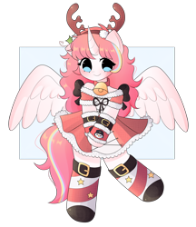 Size: 1984x2297 | Tagged: safe, artist:franshushu, derpibooru import, oc, oc only, oc:nekonin, alicorn, anthro, advertisement, alicorn oc, antlers, bell, bell collar, christmas, collar, commission, commission info, crossdressing, femboy, holiday, horn, male, simple background, solo, transparent background, wings