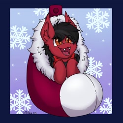 Size: 3072x3072 | Tagged: safe, artist:zackwhitefang, derpibooru import, oc, oc only, bat pony, pony, bat pony oc, chibi, christmas, clothes, commission, cute, cute little fangs, digital art, fangs, holiday, open mouth, snow, snowflake, socks, solo, ych result