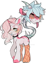 Size: 706x959 | Tagged: safe, artist:deviiel, derpibooru import, oc, oc only, chimera, pony, unicorn, :p, choker, clothes, deviantart watermark, female, glasses, obtrusive watermark, simple background, socks, solo, tongue, tongue out, transparent background, watermark