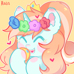 Size: 1200x1200 | Tagged: artist needed, source needed, safe, derpibooru import, oc, oc only, oc:p.p.a, pony, unicorn, blush sticker, blushing, clothes, crown, cute, eyes closed, floating heart, floral head wreath, flower, heart, hoof shoes, jewelry, laughing, open mouth, open smile, regalia, smiling, solo