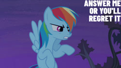 Size: 1280x720 | Tagged: safe, derpibooru import, edit, edited screencap, editor:quoterific, screencap, rainbow dash, pegasus, pony, bats!, season 4, female, flying, frown, mare, night, solo, spread wings, teeth, wings