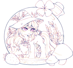 Size: 750x700 | Tagged: safe, artist:deviiel, derpibooru import, oc, oc only, earth pony, pony, bottle, cork, female, flower, food, hat, mare, monochrome, mushroom, solo, strawberry, witch hat