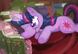 Size: 1300x899 | Tagged: safe, artist:ponywizardry, derpibooru import, twilight sparkle, unicorn twilight, pony, unicorn, pinkie apple pie, book, lying down, magic, prone, reading, scene interpretation, smiling, solo, telekinesis