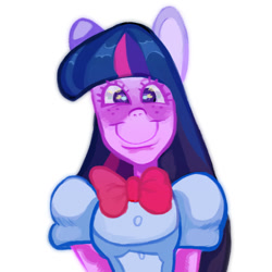 Size: 600x600 | Tagged: safe, artist:ponywizardry, derpibooru import, twilight sparkle, equestria girls, bust, pony ears, simple background, smiling, solo, white background