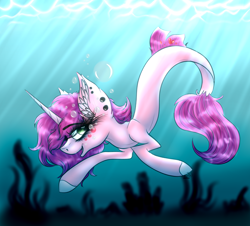 Size: 4000x3619 | Tagged: safe, artist:beamybutt, derpibooru import, oc, oc only, pony, sea pony, seapony (g4), unicorn, crepuscular rays, ear fluff, ear piercing, ears, eyelashes, fish tail, flowing tail, green eyes, horn, ocean, open mouth, piercing, pink mane, seaponified, smiling, solo, species swap, sunlight, swimming, tail, underwater, water
