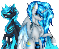 Size: 4725x3900 | Tagged: safe, artist:beamybutt, artist:lumii-i, derpibooru import, oc, oc only, oc:moonbeam, alicorn, pony, collaboration, :p, alicorn oc, chains, chest fluff, duo, ear fluff, ear piercing, ears, female, horn, mare, piercing, simple background, spiked wristband, tongue, tongue out, transparent background, wings, wristband