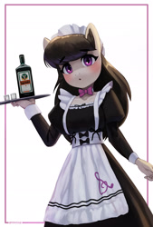 Size: 1650x2435 | Tagged: safe, artist:mrscroup, derpibooru import, octavia melody, anthro, earth pony, :o, alcohol, apron, blushing, bowtie, clothes, cute, dress, eye clipping through hair, eyebrows, eyebrows visible through hair, female, high res, jagermeister, looking at you, maid, mare, open mouth, simple background, solo, tavibetes, white background