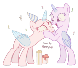 Size: 1344x1181 | Tagged: safe, artist:klewgcg, derpibooru import, oc, oc only, alicorn, pony, alicorn oc, bald, base, bipedal, cheek squish, confetti, duo, eyelashes, female, hat, horn, mare, party hat, present, simple background, smiling, squishy cheeks, transparent background, wings
