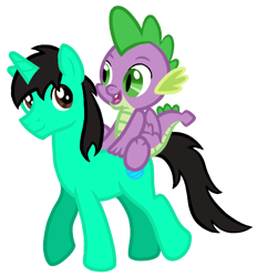 Size: 620x668 | Tagged: safe, artist:wavebreeze234, derpibooru import, spike, oc, oc:wave breeze, dragon, pony, unicorn, dragons riding ponies, horn, male, riding, simple background, stallion, transparent background, unicorn oc, wings