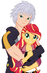 Size: 932x1450 | Tagged: safe, artist:wavebreeze234, derpibooru import, sunset shimmer, human, equestria girls, alternate hairstyle, clothes, crossover, female, grin, hug, hug from behind, kingdom hearts, male, riku, simple background, smiling, straight, transparent background