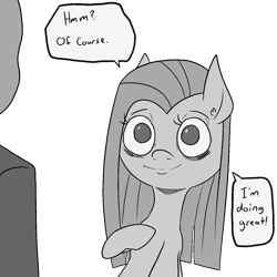Size: 1414x1414 | Tagged: safe, artist:happy harvey, derpibooru import, pinkie pie, oc, oc:anon, pony, bags under eyes, blatant lies, dialogue, drawn on phone, drawthread, ear fluff, ears, monochrome, pinkamena diane pie, pointing at self, ponified, raised hoof, raised leg, simple background, telling lies, tired, transparent background