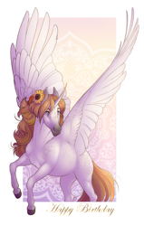 Size: 2445x3847 | Tagged: safe, artist:royvdhel-art, derpibooru import, oc, oc only, alicorn, pony, alicorn oc, female, flower, flower in hair, horn, mare, sunflower, wings