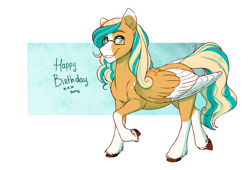 Size: 2673x1821 | Tagged: safe, artist:royvdhel-art, derpibooru import, oc, oc only, pegasus, pony, coat markings, colored wings, glasses, happy birthday, pegasus oc, socks (coat marking), two toned wings, wings