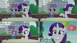 Size: 1280x720 | Tagged: safe, derpibooru import, edit, edited screencap, editor:quoterific, screencap, maud pie, rarity, earth pony, pony, unicorn, season 6, the gift of the maud pie, female, grin, mare, nervous, nervous grin, open mouth, open smile, smiling