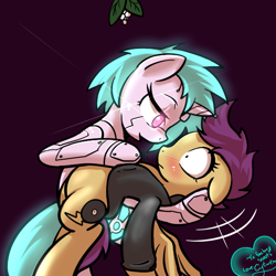 Size: 600x600 | Tagged: safe, artist:cytwex, derpibooru import, scootaloo, oc, pegasus, pony, robot, robot pony, unicorn, fanfic:pegasus device, fanfic:rainbow factory, absentia, absentia's cutie mark, artificial pony, black hoodie, blushing, clothes, ears, evil scootaloo, factory scootaloo, fanfic art, female, floppy ears, frown, glowing, glowing eyes, glowing mane, glowing tail, holding, hoodie, hoof on chest, hoof on head, horn, lesbian, lidded eyes, looking at each other, looking at someone, open mouth, open smile, purple background, shipping, shocked, shocked expression, shrunken pupils, simple background, smiling, tail, unicorn oc, wings, wings extended