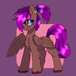 Size: 1440x1439 | Tagged: safe, artist:bluemoon, derpibooru import, oc, oc only, oc:bass string, pegasus, pony, chest fluff, dock, ear piercing, earring, eye clipping through hair, folded wings, glasses, jewelry, male, piercing, ponytail, raised tail, signature, smiling, smirk, solo, stallion, tail, unshorn fetlocks, wings