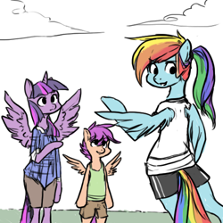 Size: 500x500 | Tagged: safe, artist:pandarainbow, derpibooru import, rainbow dash, scootaloo, twilight sparkle, twilight sparkle (alicorn), alicorn, anthro, pegasus, unguligrade anthro, arm hooves, clothes, female, shorts, simple background, spread wings, trio, white background, wings