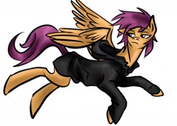Size: 1280x905 | Tagged: artist needed, source needed, safe, derpibooru import, scootaloo, pony, fanfic:pegasus device, fanfic:rainbow factory, absentia, black hoodie, black suit, evil scootaloo, factory scootaloo, fanfic art, flying, frown, lidded eyes, looking back, messy mane, older, older scootaloo, one ear down, simple background, white background, wings