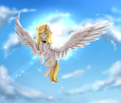 Size: 3500x3000 | Tagged: safe, artist:lunciakkk, derpibooru import, oc, oc only, oc:illumina, alicorn, pony, alicorn oc, chest fluff, collar, female, flying, horn, smiling, spread wings, wings