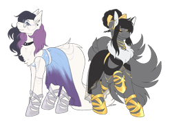 Size: 2355x1705 | Tagged: safe, artist:snows-undercover, derpibooru import, oc, oc only, oc:foxy, oc:ziena, earth pony, pony, 2022 community collab, beautiful, belt, bow, chest fluff, choker, clothes, derpibooru community collaboration, dress, duo, ear piercing, earring, eyes closed, eyeshadow, fancy, female, gala dress, glasses, hair bow, hoof shoes, jewelry, makeup, mare, necklace, piercing, raised hoof, raised leg, sandals, simple background, solo, transparent background