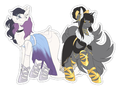 Size: 2355x1705 | Tagged: safe, alternate version, artist:snows-undercover, derpibooru import, oc, oc only, oc:foxy, oc:ziena, earth pony, pony, beautiful, belt, bow, chest fluff, choker, clothes, dress, duo, ear piercing, earring, eyes closed, eyeshadow, fancy, female, gala dress, glasses, hair bow, hoof shoes, jewelry, makeup, mare, necklace, piercing, raised hoof, raised leg, sandals, simple background, solo, transparent background