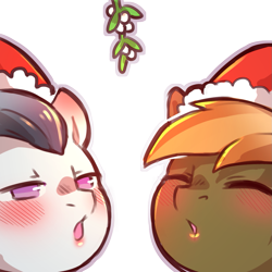 Size: 1159x1159 | Tagged: safe, artist:cold-blooded-twilight, derpibooru import, button mash, rumble, earth pony, pegasus, pony, biting, blushing, blushing profusely, christmas, colt, duo, duo male, ear bite, eyes closed, hat, holiday, implied gay, kissy face, lipstick, male, mistletoe, santa hat, simple background, transparent background