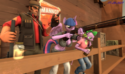 Size: 1168x697 | Tagged: safe, artist:robertwtf, derpibooru import, spike, twilight sparkle, twilight sparkle (alicorn), alicorn, anthro, dragon, human, 3d, big breasts, bored, breasts, gun, rifle, sniper, sniper rifle, source filmmaker, team fortress 2, weapon