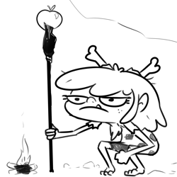 Size: 3300x3300 | Tagged: safe, artist:tjpones, derpibooru import, apple bloom, human, apple, black and white, campfire, caveman, female, food, freckles, grayscale, humanized, monochrome, solo, spear, weapon