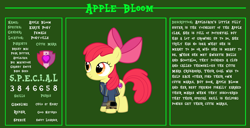 Size: 11720x6000 | Tagged: safe, artist:ponygamer2020, derpibooru import, apple bloom, earth pony, pony, fallout equestria, adorabloom, apple bloom's bow, bio, bow, clothes, cute, cutie mark, fallout, fallout equestria: character guide, female, filly, foal, hair bow, jumpsuit, pipboy, reference sheet, s.p.e.c.i.a.l., solo, the cmc's cutie marks, vault suit, vector