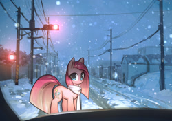 Size: 2825x1992 | Tagged: safe, alternate version, artist:mirroredsea, derpibooru import, pinkie pie, earth pony, pony, car, clothes, cute, cuteamena, female, looking at you, mare, pinkamena diane pie, power line, road, scarf, snow, snowfall, solo, traffic light