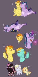 Size: 2048x4096 | Tagged: safe, artist:rainydayjitters, derpibooru import, lightning dust, spitfire, twilight sparkle, twilight sparkle (alicorn), oc, oc:astral comet, oc:comet, oc:pale omen, alicorn, fish, pegasus, pony, unicorn, baby, baby pony, bat wings, eating, fangs, female, food, lesbian, lying down, magic, magical lesbian spawn, meat, offspring, parent:spitfire, parent:twilight sparkle, ponies eating meat, pregnant, prone, sandwich, shipping, twifire, wings