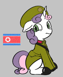 Size: 826x1014 | Tagged: safe, artist:mcsadat, color edit, edit, editor:foxy1219, sweetie belle, pony, unicorn, clothes, colored, female, filly, foal, gray background, military uniform, north korea, north korean flag, simple background, solo, uniform
