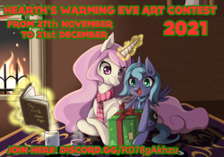 Size: 1400x986 | Tagged: safe, artist:grasspainter, derpibooru import, princess celestia, princess luna, alicorn, pony, bag, book, box, chocolate, christmas, clothes, contest, cup, cute, discord (program), drink, female, filly, fire, fireplace, foal, food, happy, hearth's warming eve, holiday, hot chocolate, levitation, lying down, magic, mug, open mouth, pink-mane celestia, pointy ponies, present, prone, royal sisters, rug, scarf, siblings, sisters, smiling, telekinesis, woona, wreath, younger