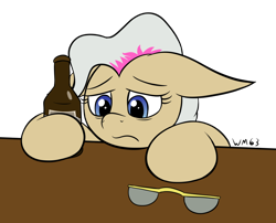 Size: 996x805 | Tagged: safe, artist:wapamario63, mayor mare, earth pony, pony, bottle, depressed, female, flat colors, glasses, glasses off, mare, simple background, solo, table, transparent background, whiskey