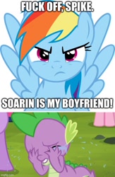 Size: 500x768 | Tagged: safe, rainbow dash, spike, dragon, pegasus, pony, it ain't easy being breezies, angry, crying, female, implied soarin', implied soarindash, male, op isn't even trying anymore, shipping denied, spikeabuse, teary eyes, vulgar