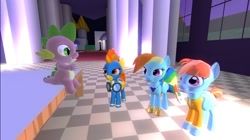 Size: 1024x575 | Tagged: safe, artist:undeadponysoldier, rainbow dash, spike, spitfire, windy whistles, dragon, pegasus, pony, canterlot, clothes, dress, explanation in the description, female, gala dress, gmod, grand galloping gala, grin, group, happy, interested, jewelry, mare, necklace, shirt, sitting, sitting on table, smiling, table, talking, wonderbolts, wonderbolts uniform
