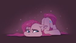 Size: 4134x2364 | Tagged: safe, alternate version, artist:dorkmark, derpibooru import, pinkie pie, earth pony, pony, :t, cheek fluff, chibi, ear fluff, ears, face down ass up, floppy ears, leg fluff, looking sideways, pinkamena diane pie, sad