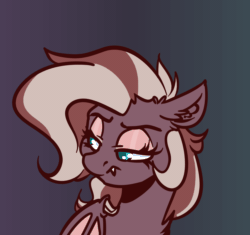 Size: 1150x1080 | Tagged: safe, artist:witchtaunter, derpibooru import, oc, oc only, oc:efflorescence, bat pony, pony, animated, bat pony oc, chest fluff, commission, ear fluff, ears, fangs, female, gif, gradient background, looking at you, one eye closed, smiling, smiling at you, solo, wink, winking at you