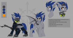 Size: 1920x998 | Tagged: safe, artist:sinner_png, derpibooru import, oc, oc only, oc:dusk blade, bat pony, amulet, anime hair, armor, bat pony oc, chaos, claws, fanfic art, goggles, jewelry, knife, mask, night vision goggles, reference sheet, respirator, soldier pony, splinter rifle