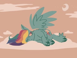 Size: 2048x1536 | Tagged: safe, artist:pastacrylic, derpibooru import, rainbow dash, pegasus, pony, cloud, crescent moon, frown, lying down, lying on a cloud, moon, on a cloud, solo, spread wings, tired, wings