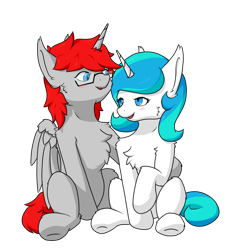 Size: 1100x1200 | Tagged: safe, artist:tx547, derpibooru import, oc, oc only, oc:ericken, oc:time slowly, alicorn, pony, 2022 community collab, alicorn oc, blushing, cheek fluff, chest fluff, derpibooru community collaboration, eye contact, eyelashes, female, folded wings, glasses, horn, looking at each other, male, mare, open mouth, open smile, shoulder fluff, simple background, sitting, smiling, stallion, transparent background, underhoof, wings