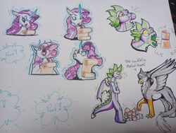 Size: 2048x1536 | Tagged: safe, artist:unfinishedheckery, derpibooru import, gabby, rarity, spike, anthro, dragon, griffon, pony, unicorn, dragon mail, horn, letter, marshmelodrama, open mouth, rarity being rarity, tongue, tongue out, traditional art, winged spike, wings, you got mail