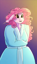 Size: 2343x3960 | Tagged: safe, artist:unfinishedheckery, derpibooru import, pinkie pie, anthro, earth pony, bathrobe, breasts, clothes, crossed arms, digital art, ears, female, floppy ears, open mouth, robe, simple background, solo