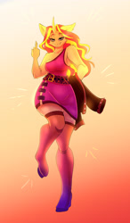 Size: 2100x3600 | Tagged: safe, artist:unfinishedheckery, derpibooru import, sunset shimmer, anthro, unguligrade anthro, unicorn, bedroom eyes, breasts, clothes, digital art, dress, female, holes, horn, looking at you, middle finger, simple background, solo, stockings, thigh highs, vulgar