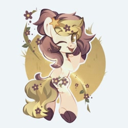 Size: 1500x1500 | Tagged: safe, artist:tsarstvo, derpibooru import, oc, oc only, earth pony, pony, female, flower, flower in hair, leaf, looking at you, mare, one eye closed, solo, stars, underhoof, wink