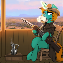 Size: 2000x2000 | Tagged: source needed, useless source url, safe, artist:kennzeichen, derpibooru import, oc, oc only, oc:dust runner, pony, unicorn, chair, clothes, cloud, coffee, coffee mug, commission, cowboy hat, day, duster, eye clipping through hair, eyebrows, eyebrows visible through hair, eyelashes, female, gun, hat, high res, hoof hold, levitation, magic, mare, rifle, sheriff, shotgun, sitting, sky, smiling, smirk, solo, steam, telekinesis, weapon