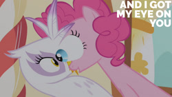 Size: 1280x720 | Tagged: safe, derpibooru import, edit, edited screencap, editor:quoterific, screencap, gilda, pinkie pie, earth pony, griffon, pony, griffon the brush off, season 1, female, mare, open mouth, sugarcube corner, wide eyes