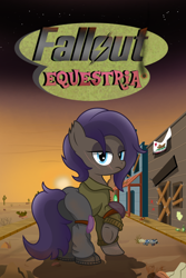 Size: 2000x3000 | Tagged: safe, artist:pizzamovies, derpibooru import, oc, oc only, oc:rattle cans, earth pony, pony, fallout equestria, armor, butt, cactus, clothes, desert, female, lidded eyes, looking at you, mare, plot, scar, solo, sunset, torn ear