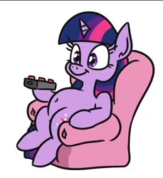 Size: 390x426 | Tagged: safe, artist:jargon scott, derpibooru import, twilight sparkle, unicorn twilight, pony, unicorn, belly, belly button, chair, chubby, female, hoof hold, mare, remote, simple background, sitting, smiling, solo, still frame, white background