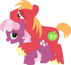 Size: 3546x3263 | Tagged: safe, artist:porygon2z, derpibooru import, big macintosh, cheerilee, earth pony, pony, cheerimac, female, hug, hug from behind, male, mare, open mouth, open smile, shipping, simple background, smiling, stallion, straight, transparent background